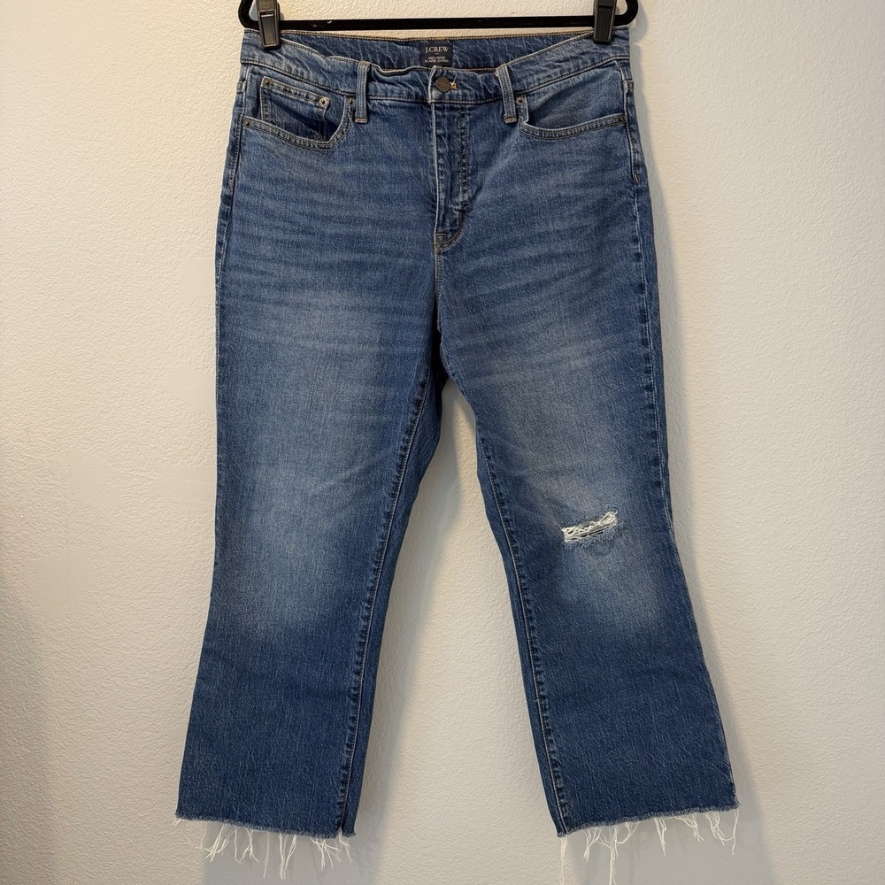 J. Crew Size-31 Women Flare Crop Jeans Mid Rise Frayed Hem Denim Blue Distressed